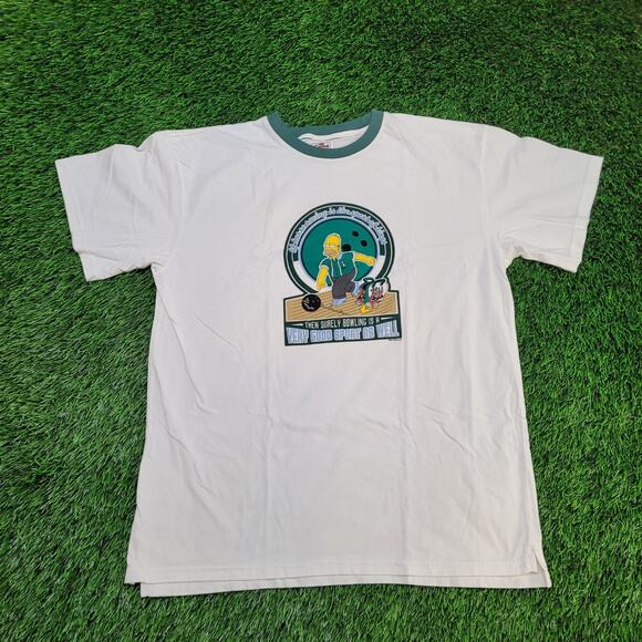 VTG Y2K Simpsons Homer Bowling Tee Single Stitch Boxy Fit Mens L Ringer Collar - Picture 1 of 5